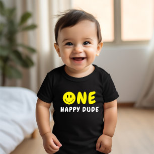 One Happy Dude 1st Birthday Yellow Smiley Black Baby T-Shirt
