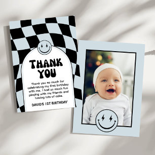 One Happy Dude Blue Check Photo Birthday Thank You Card