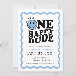 One Happy Dude Blue Happy Face Boy 1st Birthday Invitation