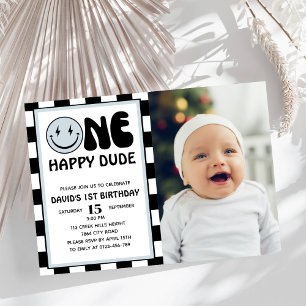 One Happy Dude Blue Happy Face Boy Birthday Photo Invitation