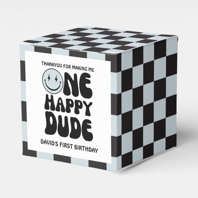 One Happy Dude Blue Happy Face Boy First Birthday Favour Box (Front Side)