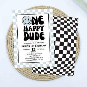 One Happy Dude Blue Happy Face Boy First Birthday  Invitation