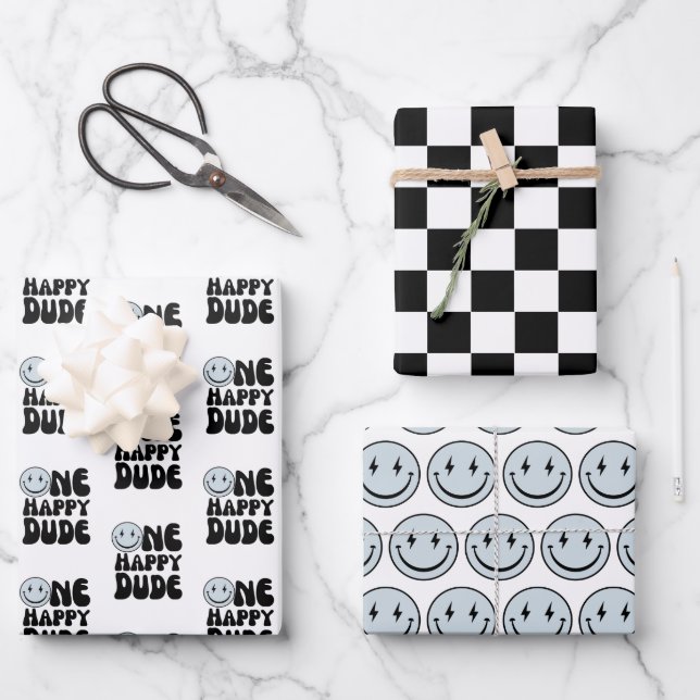 One Happy Dude Blue Happy Face Boy First Birthday  Wrapping Paper Sheet (Front)