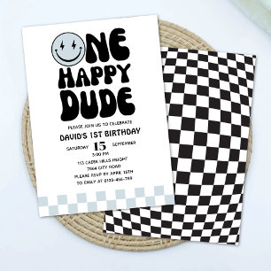 One Happy Dude Blue Happy Face First Birthday  Invitation