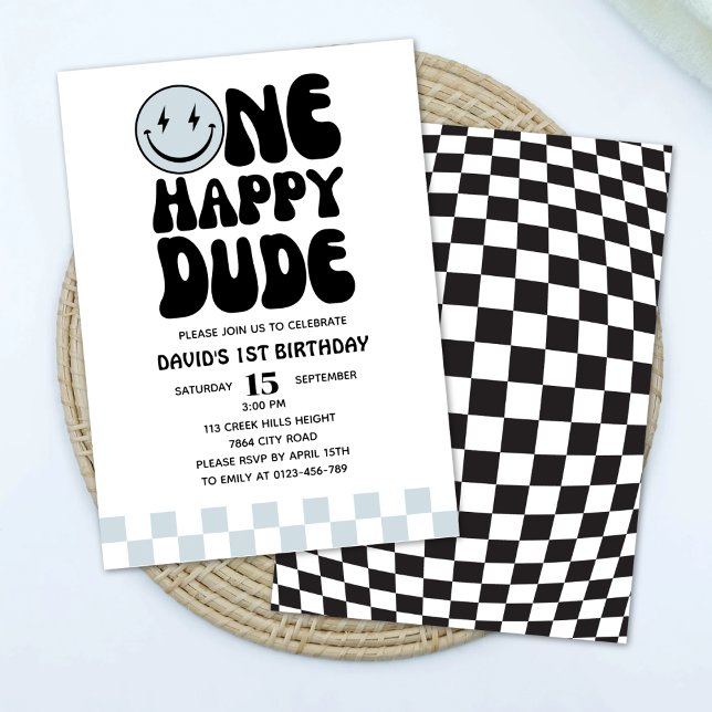 One Happy Dude Blue Happy Face First Birthday  Invitation (Creator Uploaded)