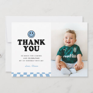 One Happy Dude Blue Happy Photo Boy 1st Birthday Thank You Card