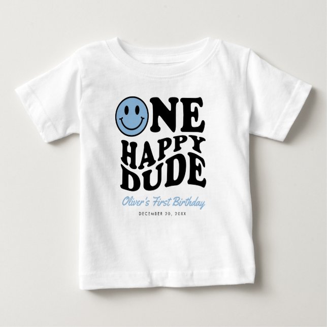One Happy Dude Blue Smile Face Boy 1st Birthday Baby T-Shirt (Front)