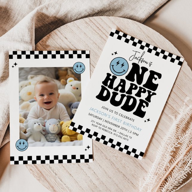 ONE HAPPY DUDE Blue Smile Face First Birthday  Invitation (Creator Uploaded)