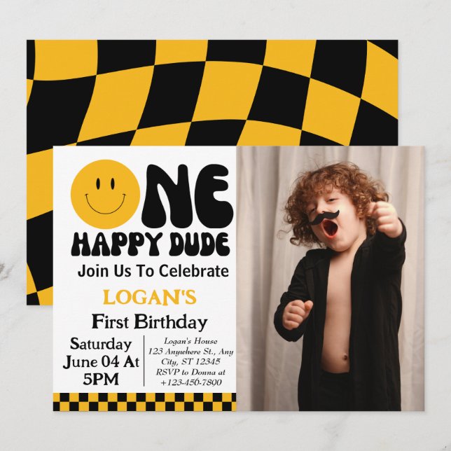 One Happy Dude Boy 1st Birthday Photo Invitation (Front/Back)