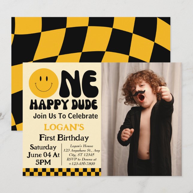 One Happy Dude Boy 1st Birthday Photo Invitation (Front/Back)
