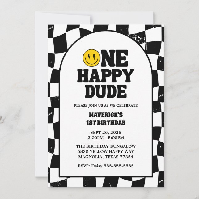 One Happy Dude Boy's Retro 1st Birthday  Invitation (Front)