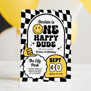 One Happy Dude Checker Smile Boy 1st Birthday Invitation