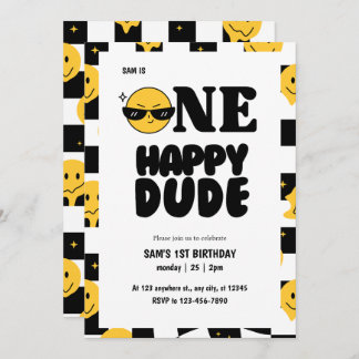 One happy dude chequered happy emoji 1st birthday  invitation