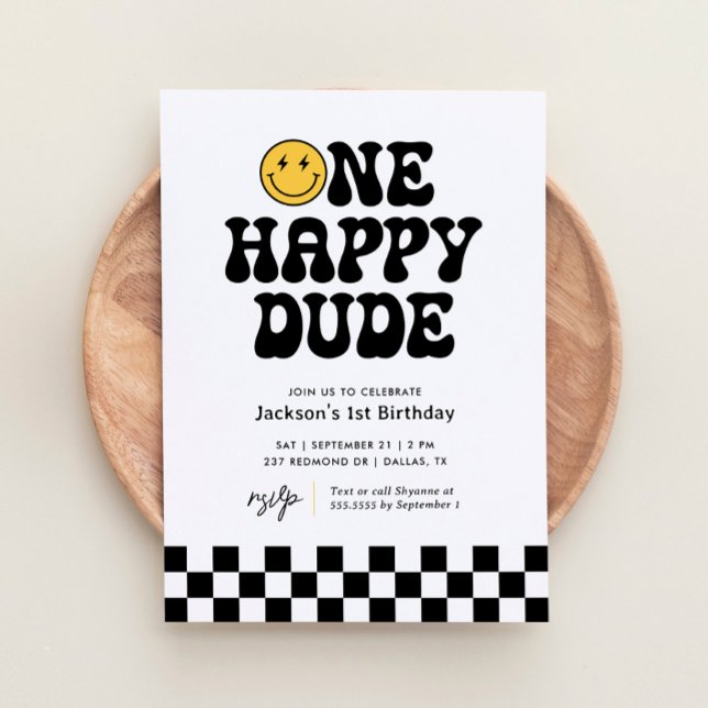 One Happy Dude Chequered Happy Face 1st Birthday Invitation (Creator Uploaded)