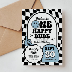 One Happy Dude Chequered Smile Boy 1st Birthday Invitation