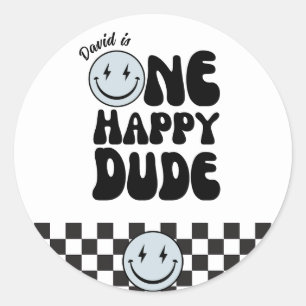 One Happy Dude First Birthday Happy Face  Classic Round Sticker