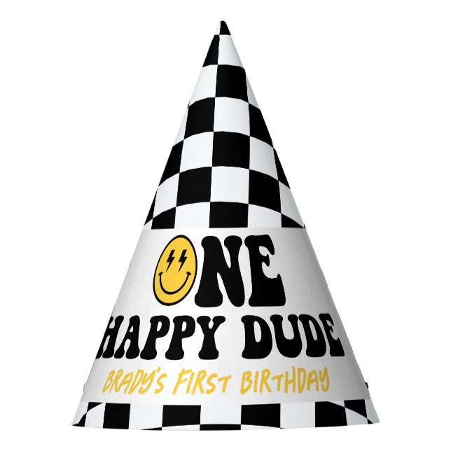 One Happy Dude First Birthday, Smile Face Boy 1st Party Hat (Front)