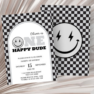 One Happy Dude Grey Check First Birthday Invitation