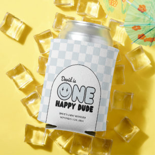 One Happy Dude Groovy Blue Boy Birthday Can Cooler