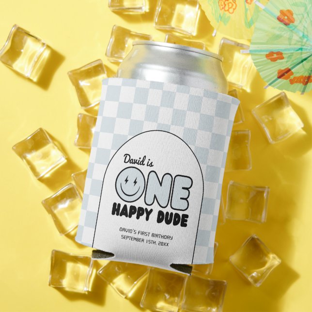 One Happy Dude Groovy Blue Boy Birthday Can Cooler (In Situ Summer)