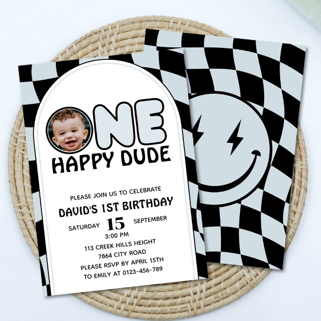 One Happy Dude Groovy Boy Photo Birthday Invitation (Creator Uploaded)
