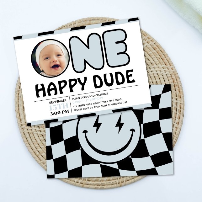 One Happy Dude Groovy Chequered Boy Birthday Photo Invitation (Creator Uploaded)