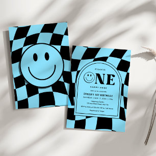One Happy Dude Happy Face Blue Boy 1st Birthday  Invitation