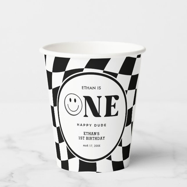 One Happy Dude Happy Face Boy 1st Birthday  Paper Cups (Front)