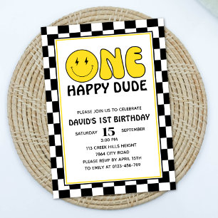 One Happy Dude Happy Face Boy Birthday Retro Invitation