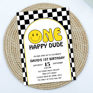 One Happy Dude Happy Face Boy Birthday Retro Invitation