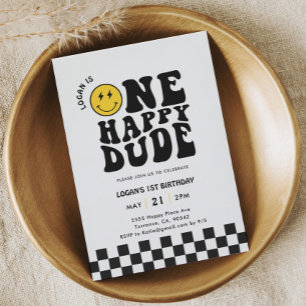 One Happy Dude Happy Face Boy First Birthday Invitation
