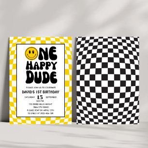 One Happy Dude Happy Face Boy First Birthday  Invitation