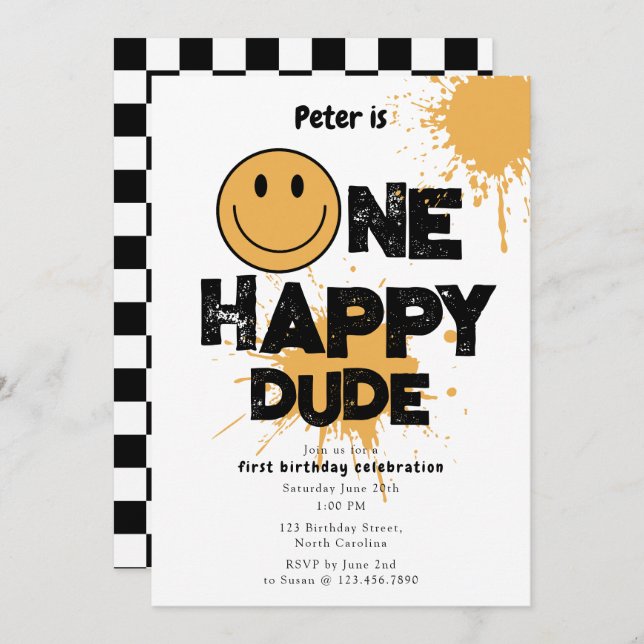 One Happy Dude Invite 1st First Birthday Cute Boy (Front/Back)