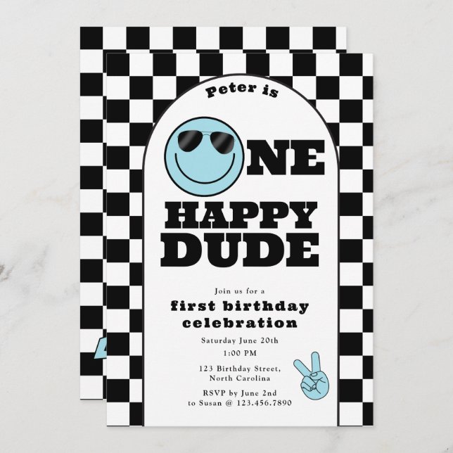 One Happy Dude Invite 1st First Birthday Cute Boy (Front/Back)