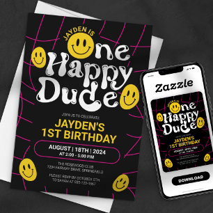 One Happy Dude Neon Smile Face Boy 1st Birthday Invitation