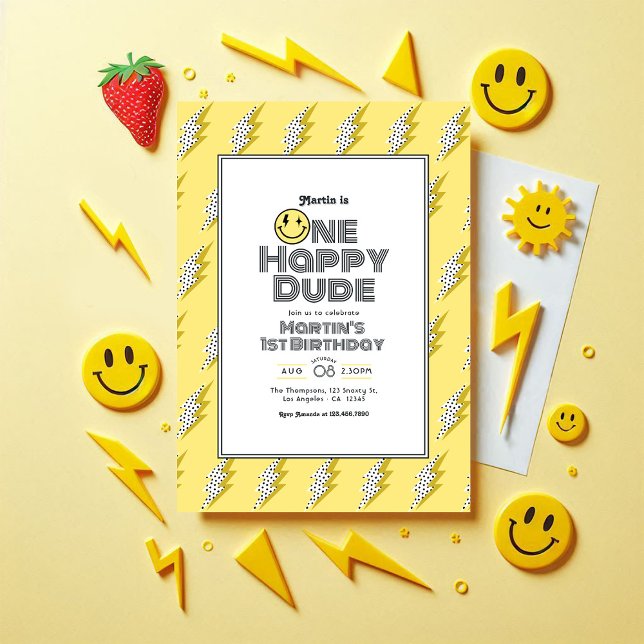One Happy Dude Retro 1st Birthday Party Invitation (One Happy Dude Retro 1st Birthday Party Invitation)