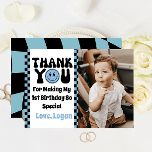 One Happy Dude Retro Boy 1st Birthday Party Photo  Thank You Card