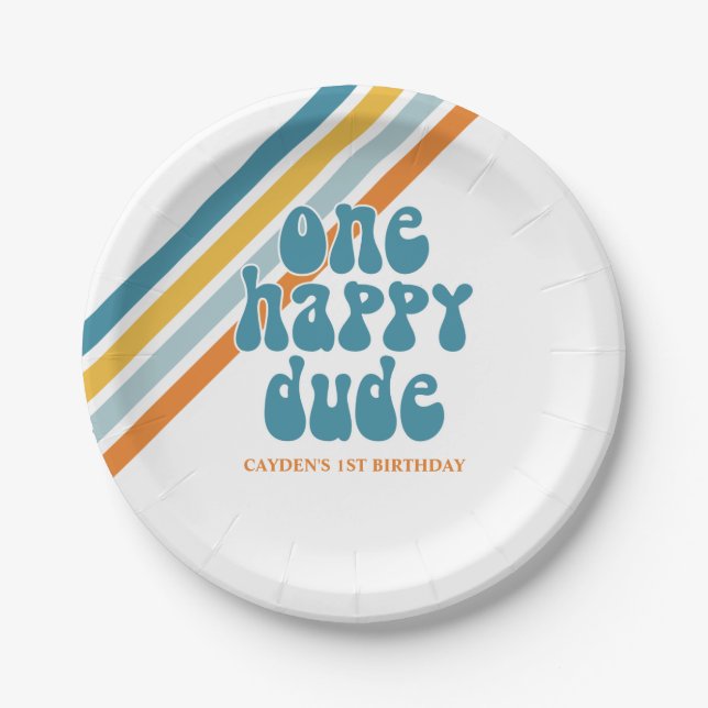 One Happy Dude Retro Boy birthday Paper Plates (Front)
