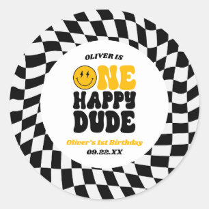 One Happy Dude Retro First 1st Birthday Party Classic Round Sticker