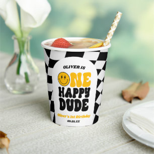 One Happy Dude Retro First 1st Birthday Party Paper Cups