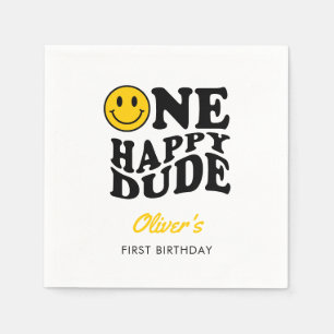 One Happy Dude Retro Happy Face 1st Birthday  Napkin