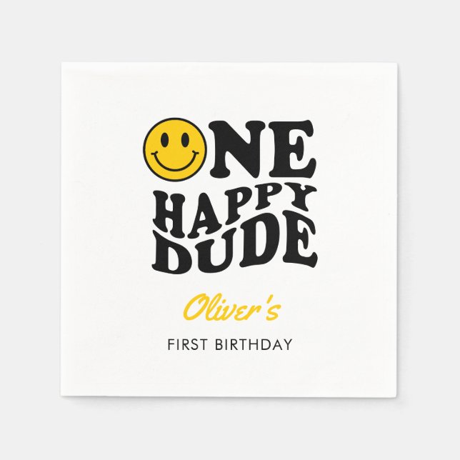 One Happy Dude Retro Happy Face 1st Birthday  Napkin (Front)