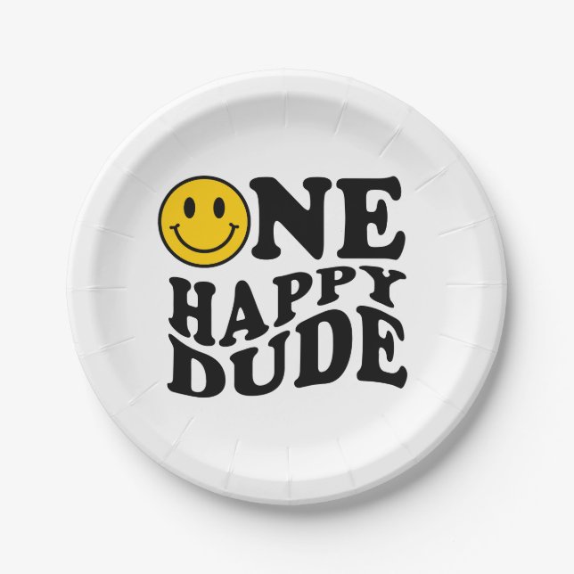 One Happy Dude | Retro Preppy Smile 1st Birthday  Paper Plate (Front)