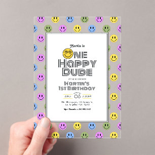 "One Happy Dude!" Retro Smile Face 1st Birthday Acrylic Invitations