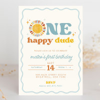 One Happy Dude Retro Sun First Birthday Invitation