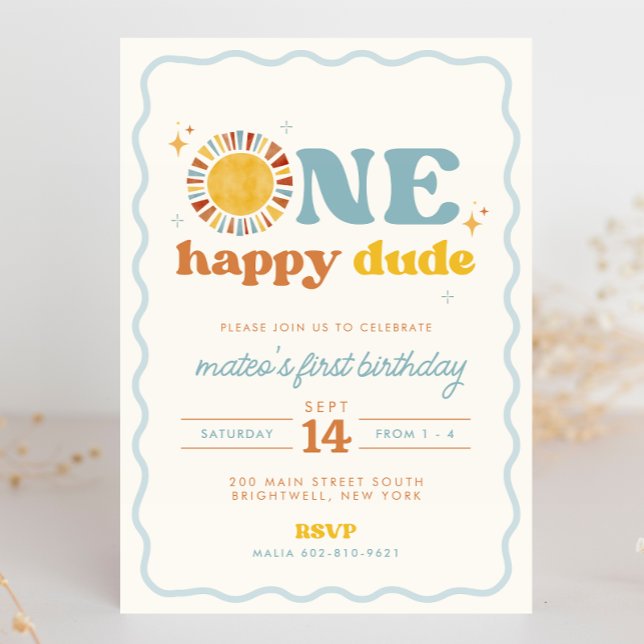 One Happy Dude Retro Sun First Birthday Invitation (Creator Uploaded)