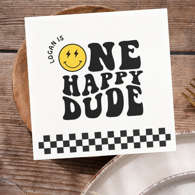 One Happy Dude Smile Face Boy First Birthday Napkin (Creator Uploaded)