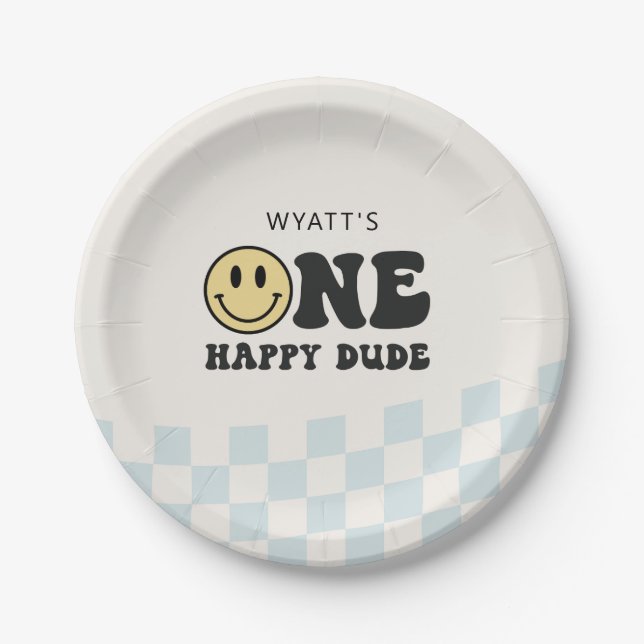One Happy Dude Smile Face First Birthday Paper Plate (Front)