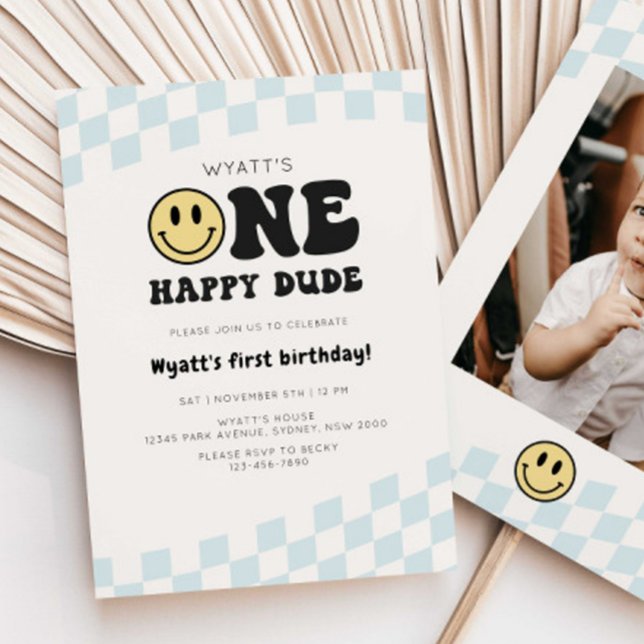 One Happy Dude Smiley Chequered 1st Birthday Invitation (Creator Uploaded)