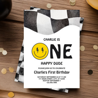 One Happy Dude Smiley Face First Birthday Party  Invitation